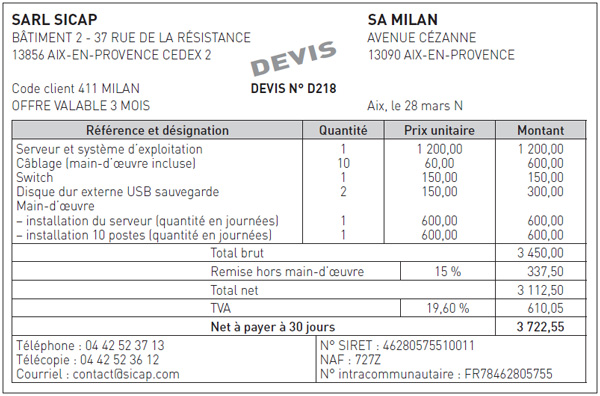 Devis de la SARL Sicap&nbsp;: mise en réseau de dix postes